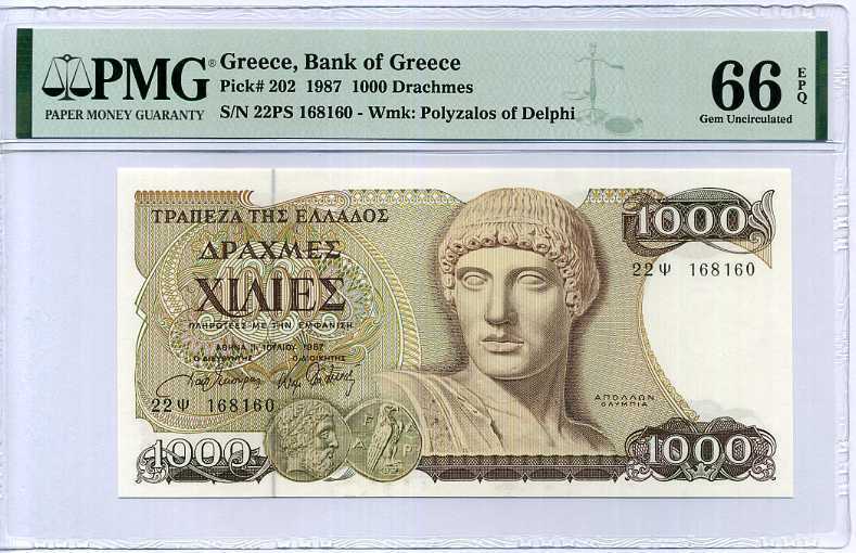 GREECE 1000 DRACHMAES 1987 P 202 GEM UNC PMG 66 EPQ NLB