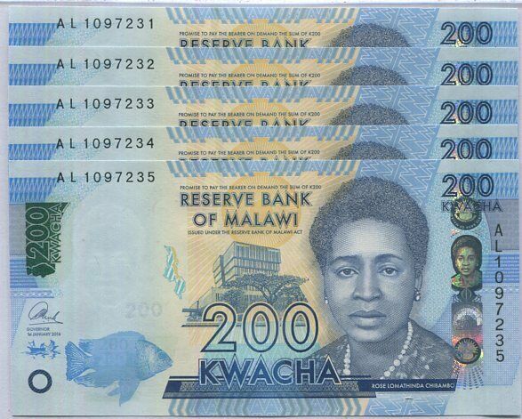 Malawi 200 Kwacha 2016 P 60 c UNC LOT 5 PCS