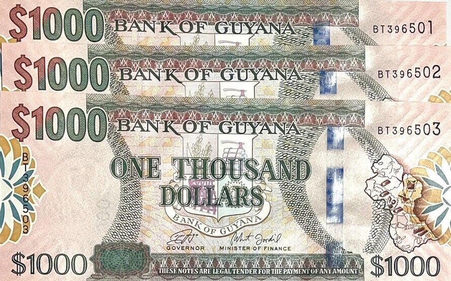 Guyana 1000 Dollars ND 2019 P 38 c UNC LOT 3 PCS