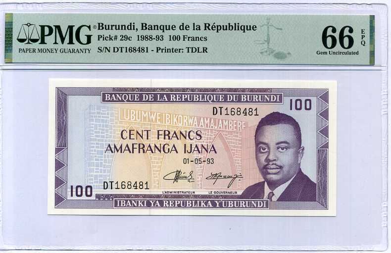 BURUNDI 100 FRANCS 1988-93 P 29 C GEM UNC PMG 66 EPQ