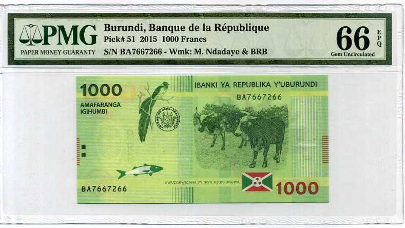BURUNDI 1000 FRANCS 2015 P 51 GEM UNC PMG 66 EPQ