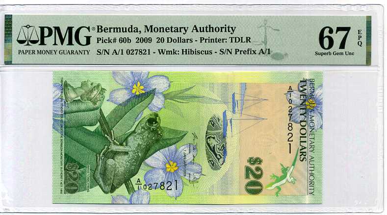 BERMUDA 20 DOLLARS 2009 P 60 B A/1 PREFIX SUPERB GEM UNC PMG 67 EPQ HIGH