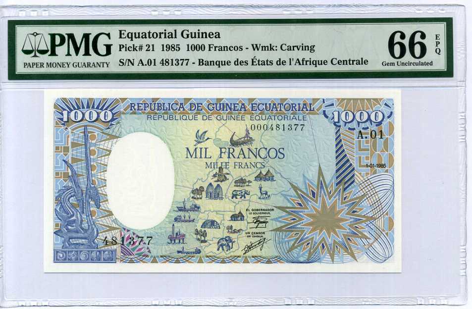 Equatorial Guinea 1000 Francos 1985 P 21 Gem UNC PMG 66 EPQ High