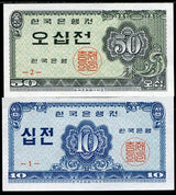 SOUTH KOREA SET 2 PCS 10 50 JEON 1962 P 28 29 UNC