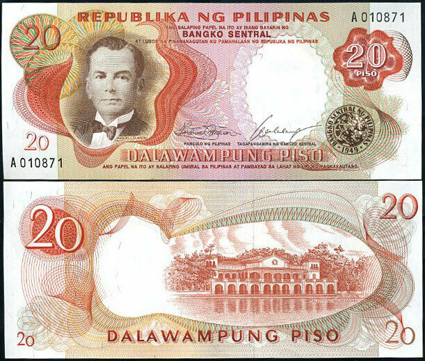 PHILIPPINES 20 PISO PESO 1969 P 145 a SIGN 7 UNC