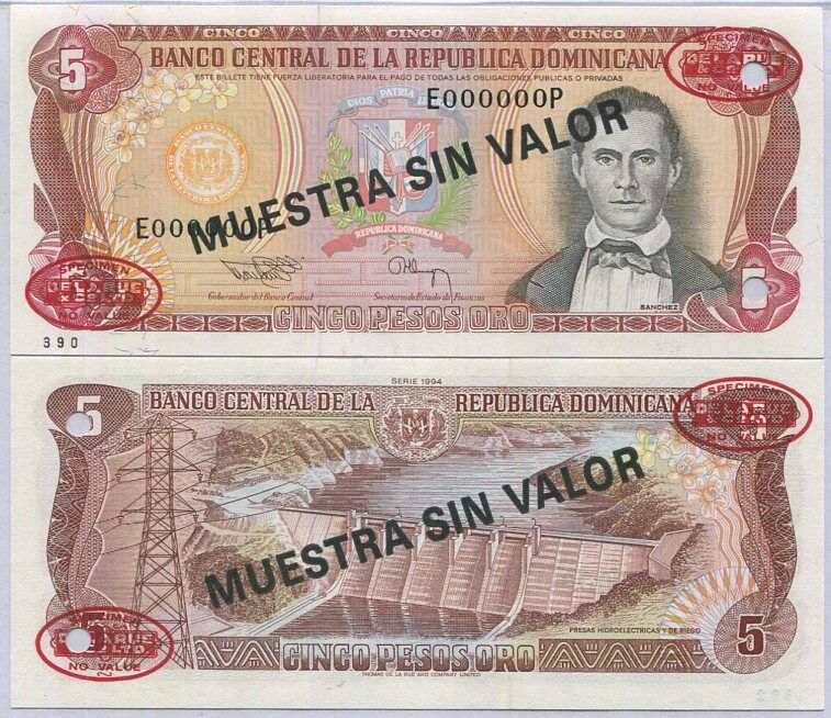 Dominican Republic 5 Pesos 1994 P 146 Specimen UNC