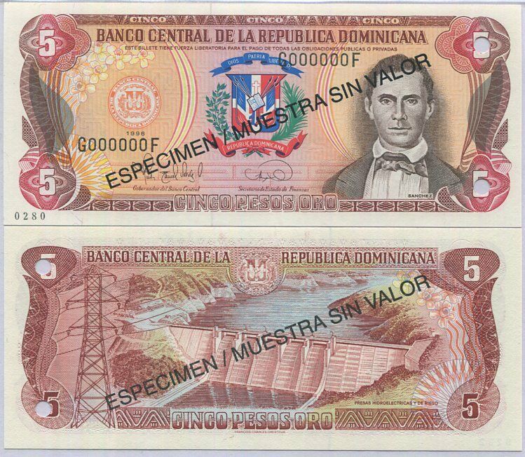 Dominican Republic 5 Pesos 1996 P 152 Specimen UNC