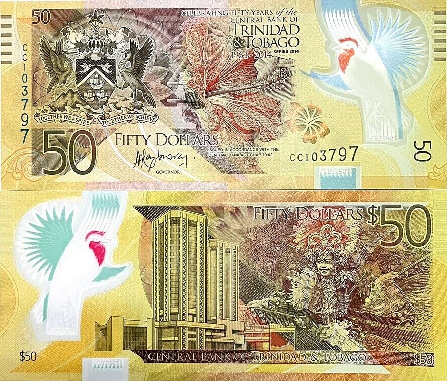 Trinidad & Tobago 50 Dollars 2014 BIRD PERFIX CC P 54 POLYMER COMM. UNC