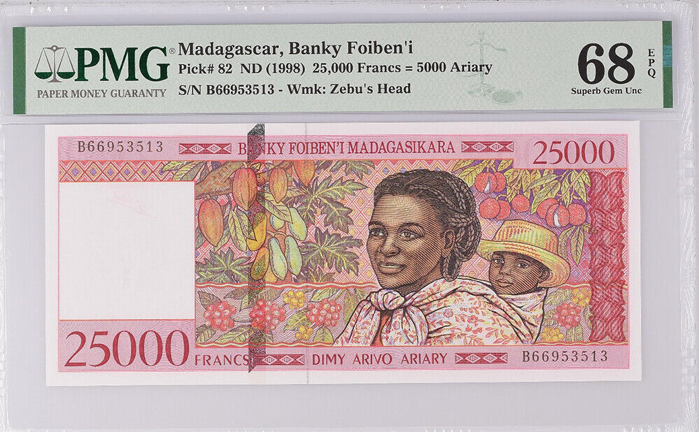 Madagascar 25000 Francs 5000 Ariary 1998 P 82 Superb GEM UNC PMG 68 EPQ