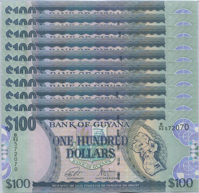 Guyana 100 Dollars 2022 P 36 e UNC Lot 10 PCS