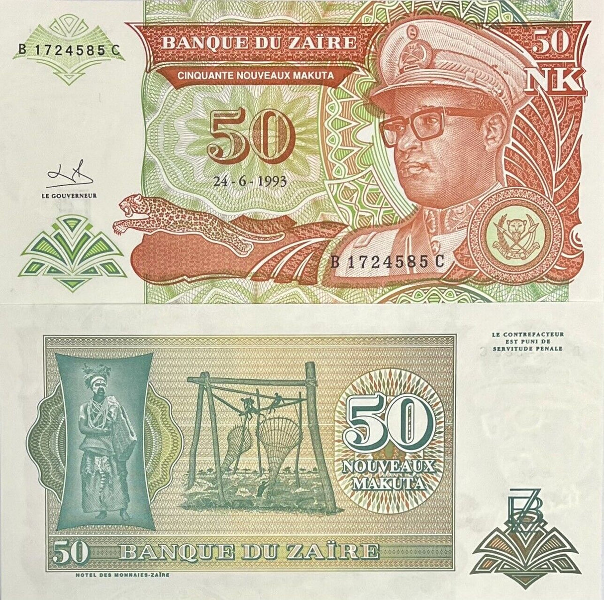 Zaire 50 Nouveaux Makuta 1993 P 51 UNC