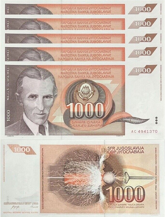 Yugoslavia 1000 Dinara 1990 P 107 UNC LOT 5 PCS