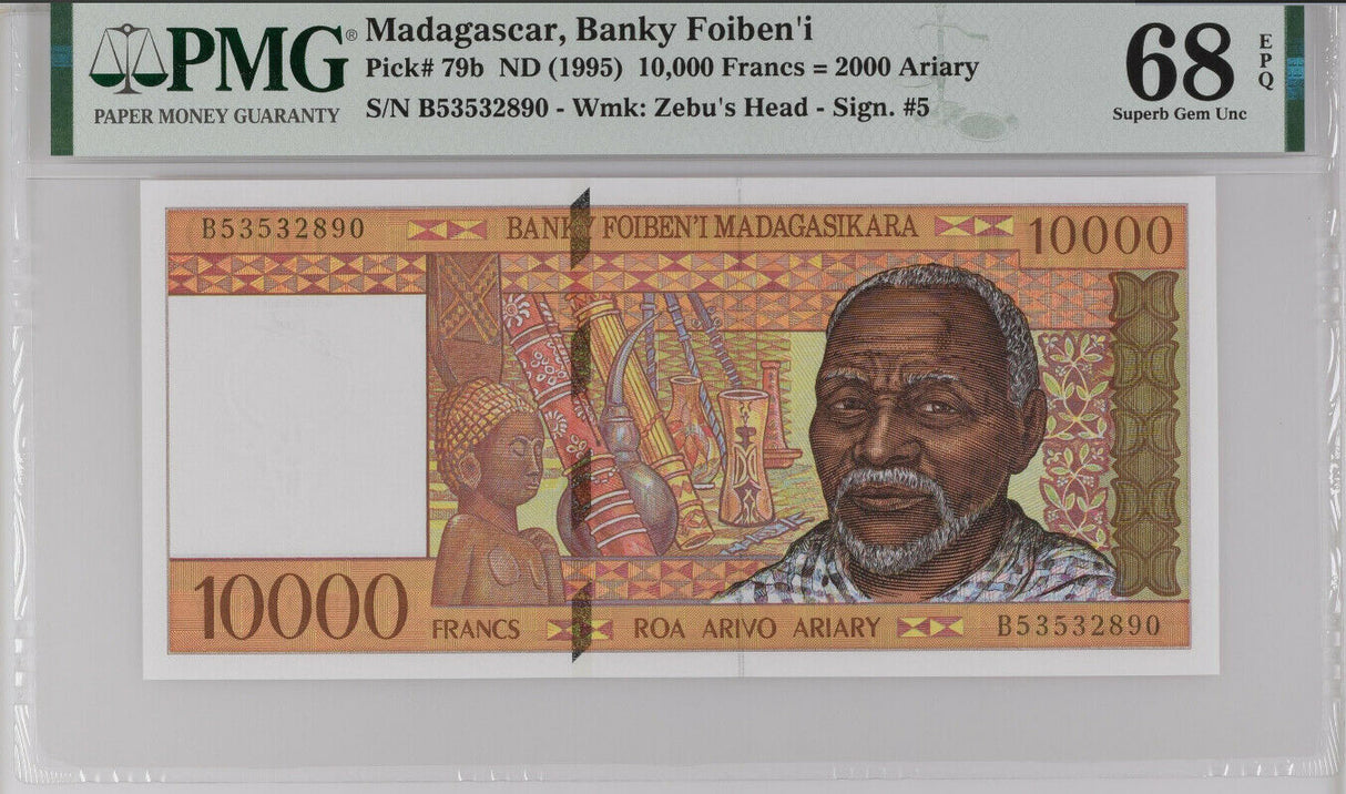 Madagascar 10000 Francs 2000 Ariary 1995 P 79 Superb GEM UNC PMG 68 EPQ