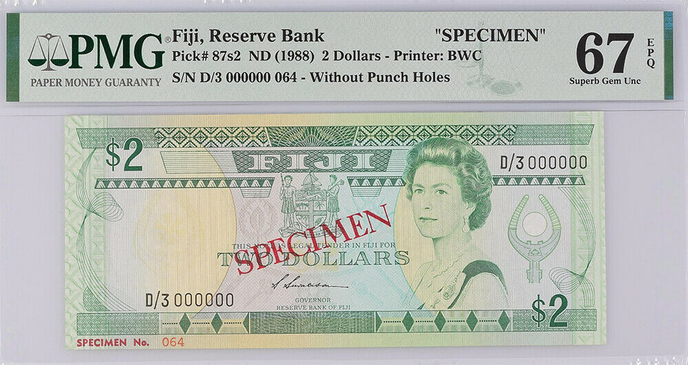 Fiji 2 Dollar ND 1988 P 87s2 SPECIMEN 094 Superb Gem UNC PMG 67 EPQ Top Pop
