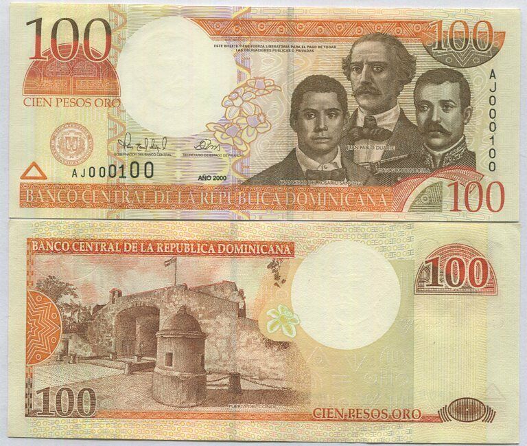 Dominican Republic 100 Pesos 2000 P 167 SNN 000100 ABOUT UNC