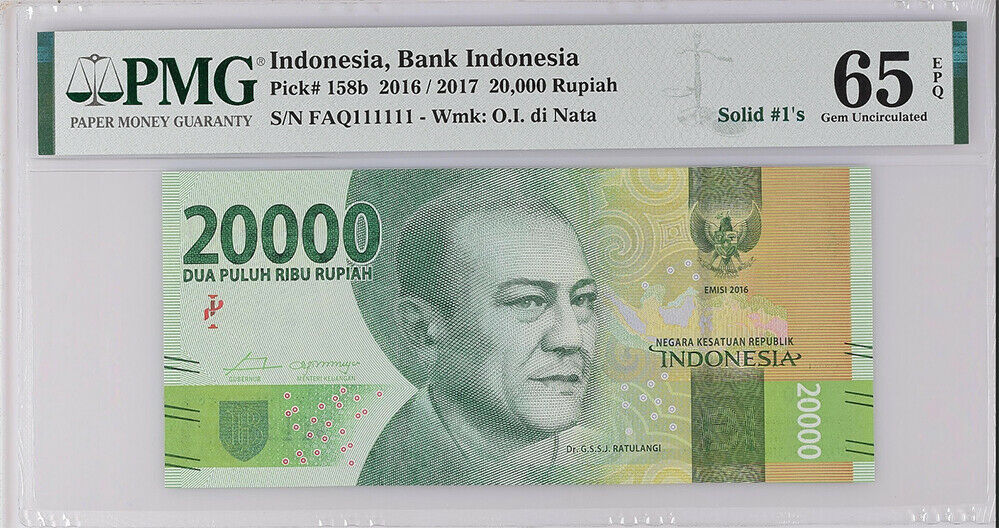 Indonesia 20000 Rupiah 2016 / 2017 P 158 b SOLID 111111 GEM UNC PMG 65 EPQ