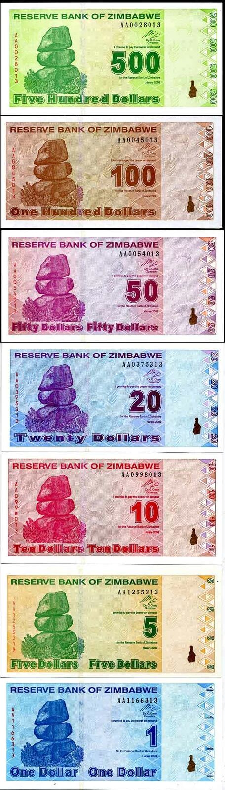 ZIMBABWE SET 7 UNC 1 5 10 20 50 100 500 DOLLARS 2009 P 92 93 94 95 96 97 98