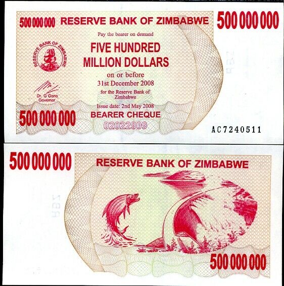 Zimbabwe 500 Million Dollars 2008 P 60 UNC