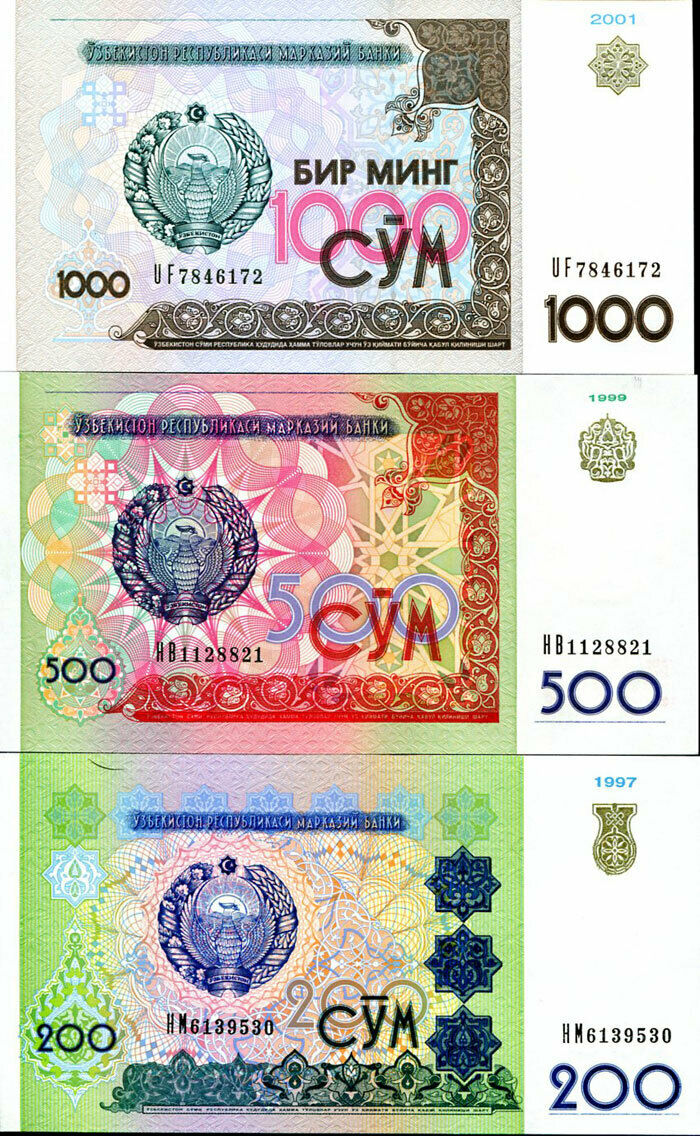 UZBEKISTAN SET 3 PCS 200 500 1000 SOM 1997 1999 2001 P 80 81 82 UNC