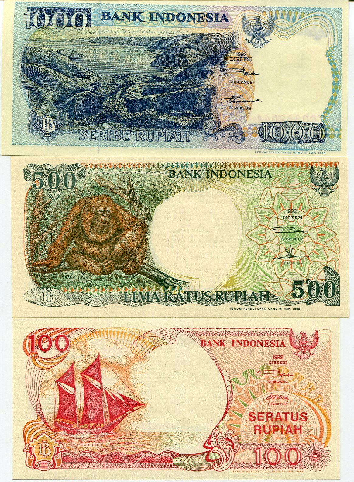 Indonesia Set 3 PCS 100 500 1000 Rupiah 1992 Random Date P 127 128 129 UNC