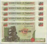 Zimbabwe 50 Dollars 1994 P 8 UNC Lot 5 PCS