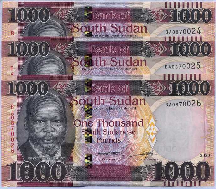 South Sudan 1000 Pound 2020 / 2021 P NEW Dennomination UNC Lot 3 Pcs