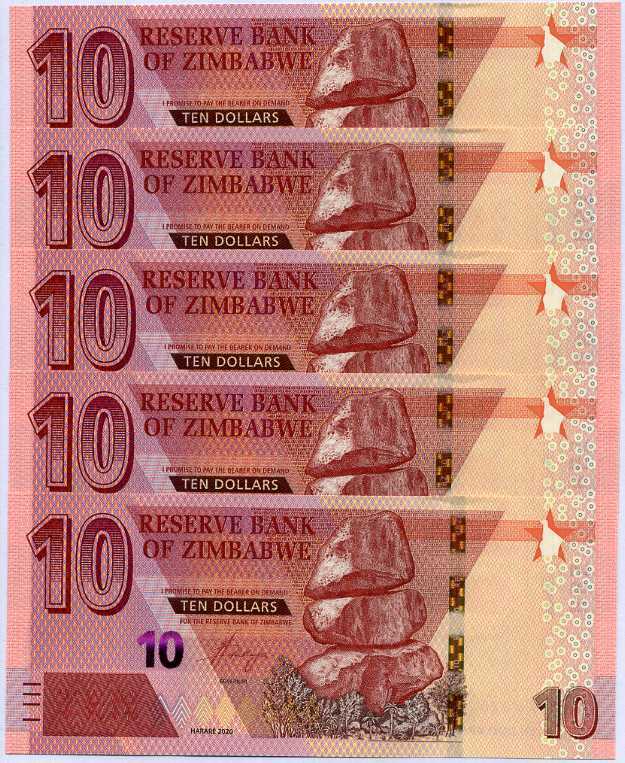 Zimbabwe 10 Dollars 2020 P 103 UNC LOT 5 PCS