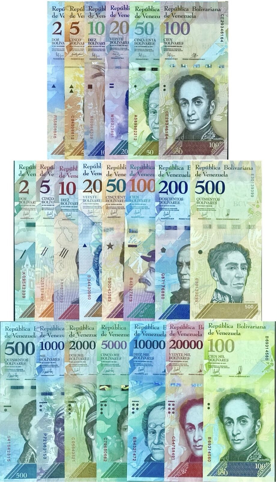 Venezuela Set 21 UNC 2 - 100000 BOLIVARES 2 - 500 SOBERANOS 2007-2018 P 88-108