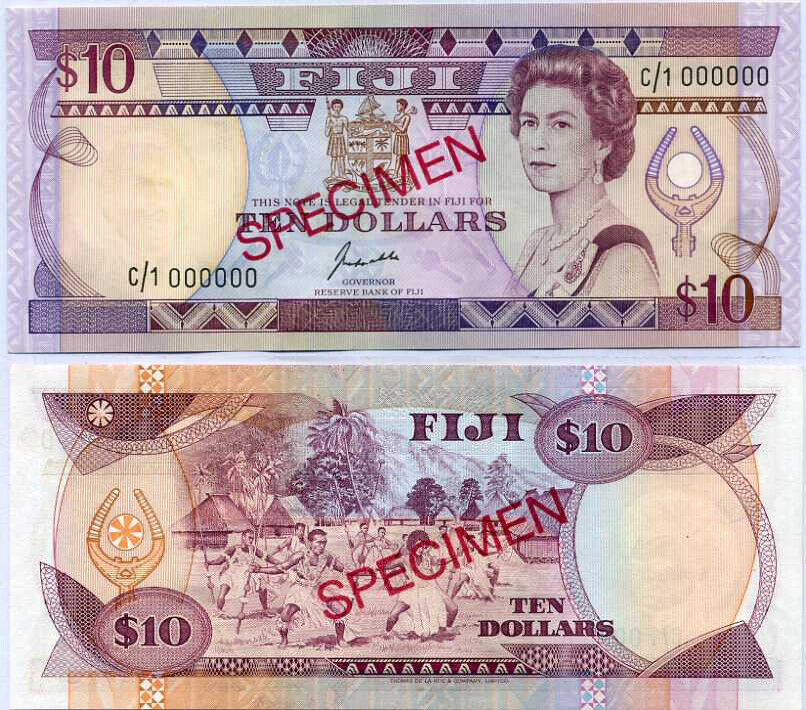 Fiji 10 Dollars QE II 1992 P 92s Specimen C/1 Sign Kubuabola ABOUT UNC