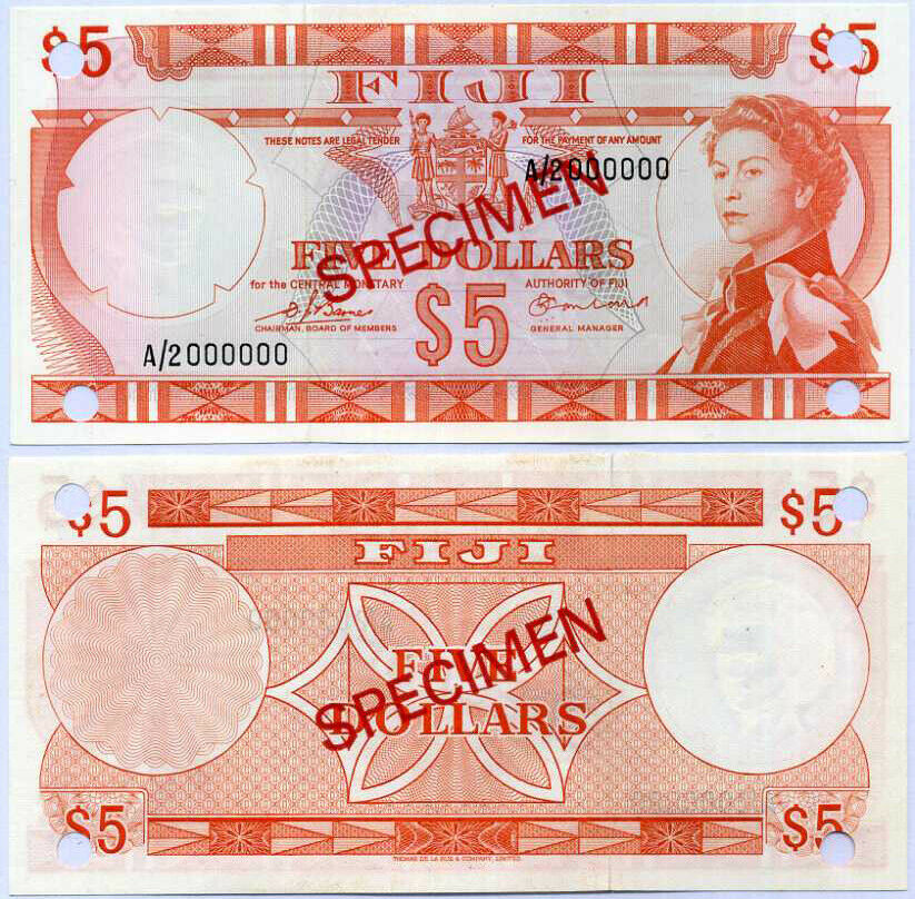 Fiji 5 Dollars QE II 1974 P 73 a Specimen A/2 Sign Barnes & Earland AUnc