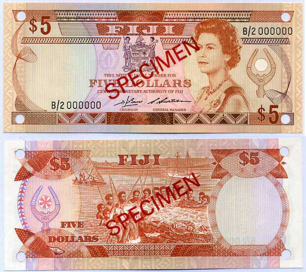 FIJI 5 DOLLARS ND 1986 P 83s B/2 SPECIMEN Sign Barnes&Siwatibau UNC