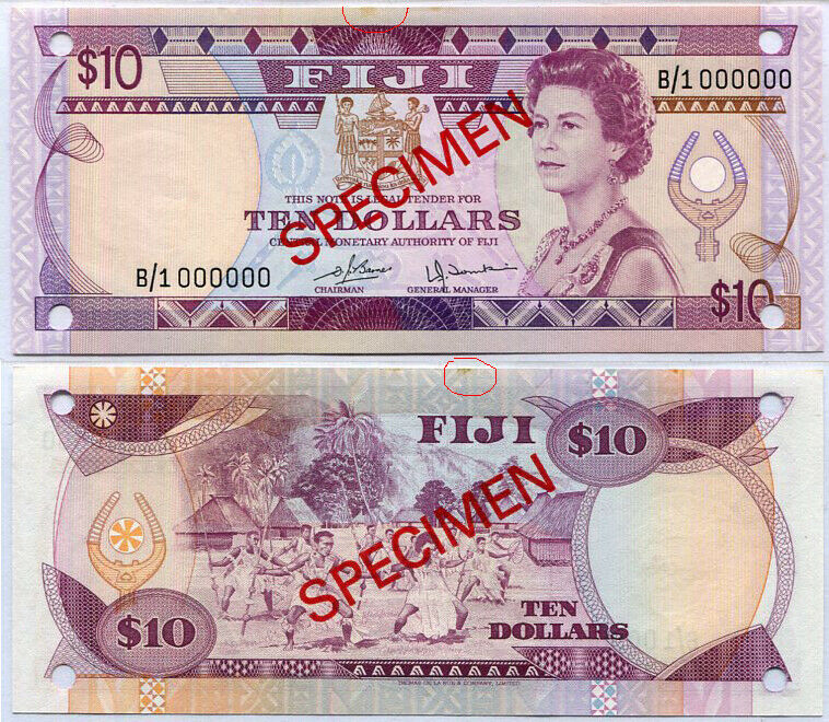 Fiji 10 Dollars ND 1980 P 79s2 SPECIMEN UNC With Tones