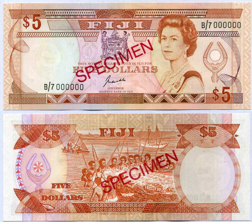 Fiji 5 Dollars QE II 1992 P 91s B/7 Specimen Sign Kubuabola ABOUT UNC