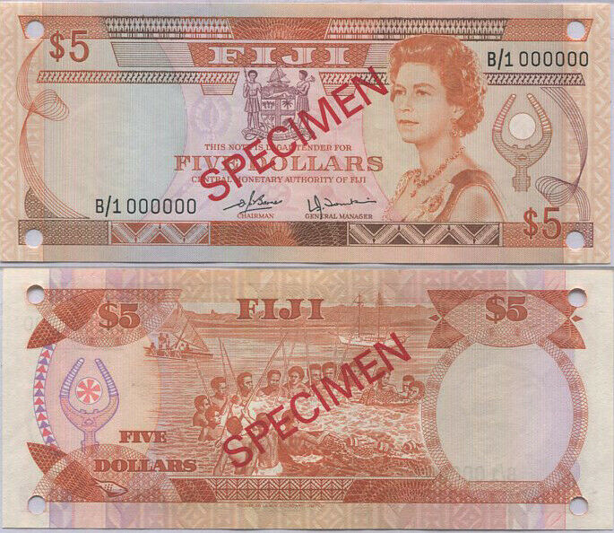 Fiji 5 Dollars ND 1980 P 78 S2 QE II Specimen XF
