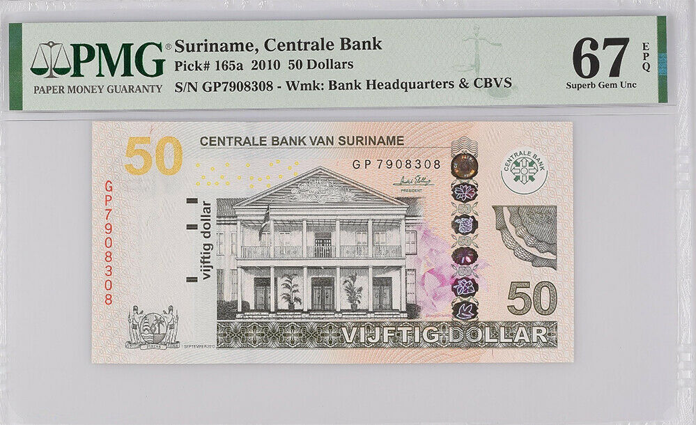 Suriname 50 Dollars 2010 P 165 a Superb GEM UNC PMG 67 EPQ