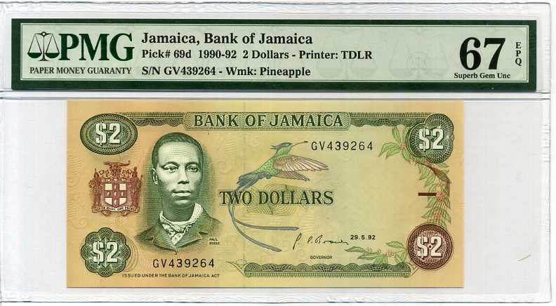 Jamaica 2 Dollars 1992 P 69 Superb Gem UNC PMG 67 EPQ High
