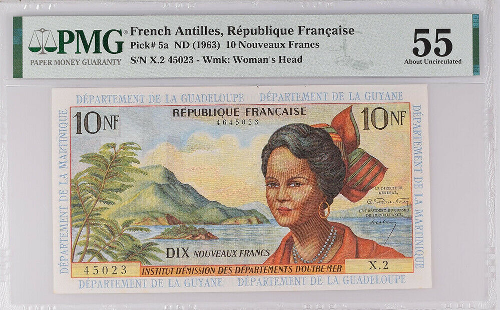 French Antilles 10 Nouveaux Francs ND 1963 P 5 a About UNC PMG 55