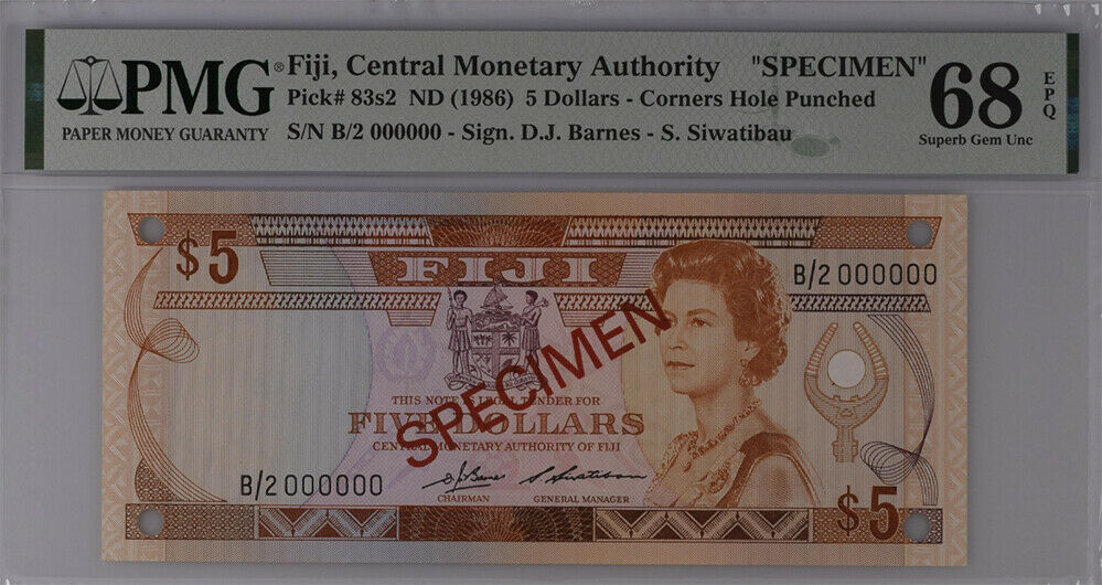 Fiji 5 Dollars ND 1986 P 83s2 B/2 SPECIMEN Superb Gem UNC PMG 68 EPQ Top Pop