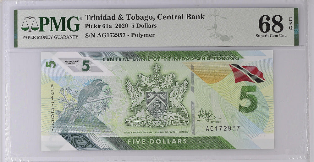 Trinidad & Tobago 5 Dollars 2020 P 61 a Superb Gem UNC PMG 68 EPQ Top Pop
