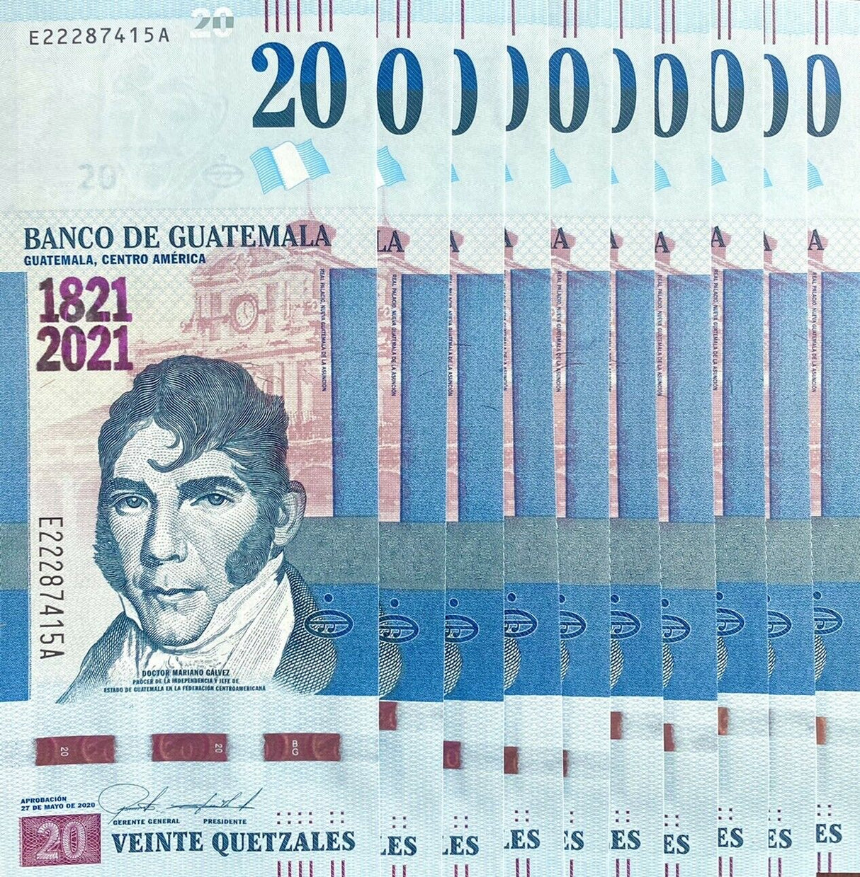 Guatemala 20 Quetzales 2021 Comm. P New Vertical UNC Lot 10 Pcs 1/10 Bundle