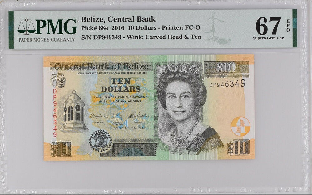 Belize 10 Dollars 2016 P 68 e Superb GEM UNC PMG 67 EPQ HIGH