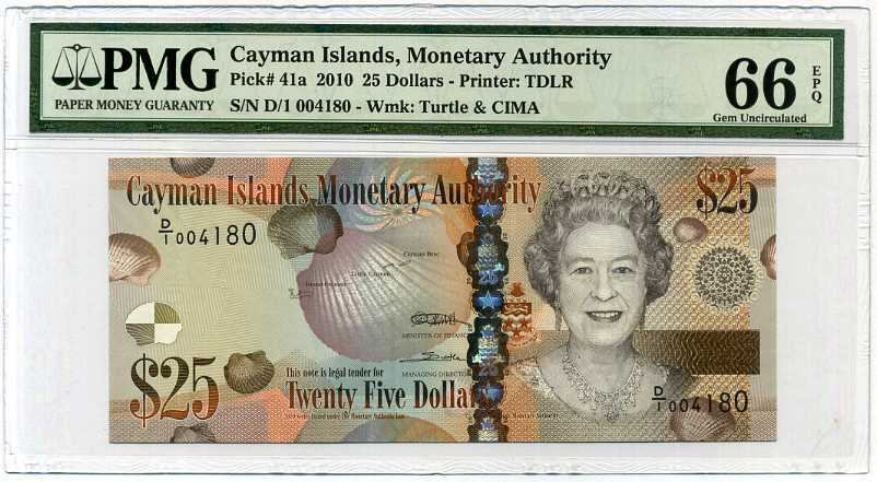 CAYMAN ISLANDS 25 DOLLARS 2010 P 41 GEM UNC PMG 66 EPQ