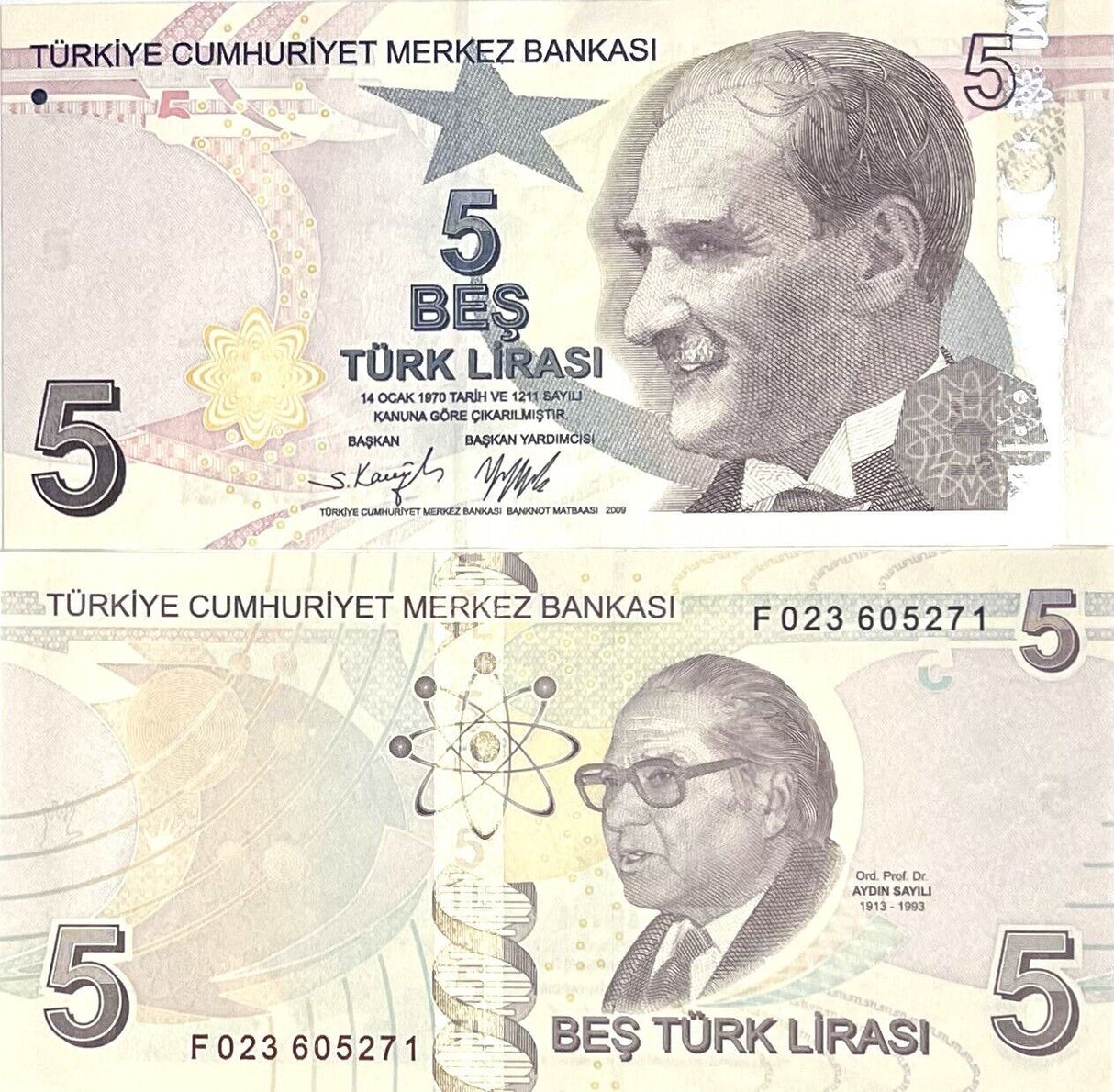 Turkey 5 Lira 2009 / 2020 P 222 Prefix F UNC