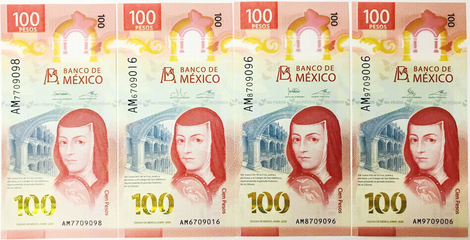 Mexico Set 4 Pcs 100 Pesos 2020 P 131 AM Prefix 4 Different Signatures UNC