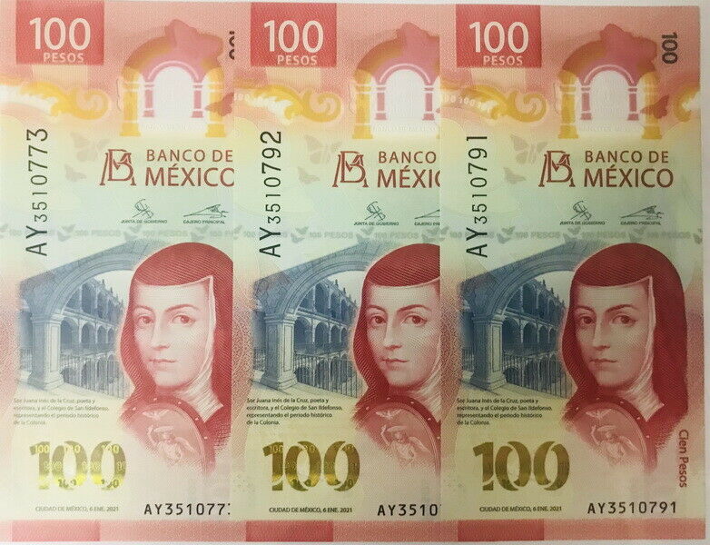 Mexico 100 Pesos 2021 / 2021 P 131 New Date Polymer UNC Lot 3 PCS