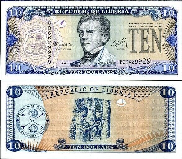 LIBERIA 10 DOLLARS 1999 P 22 UNC