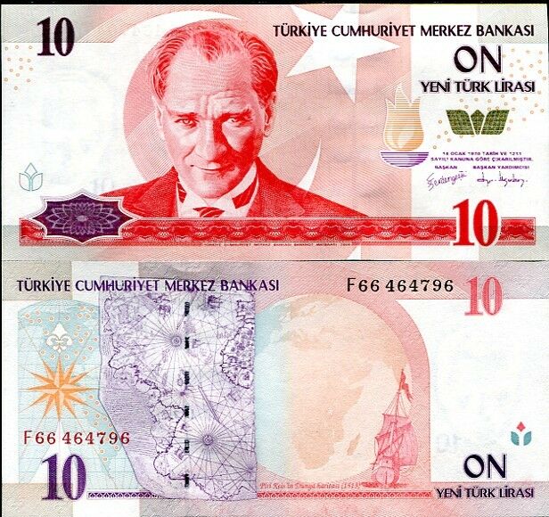 TURKEY 10 NEW LIRA 2005 P 218 PREFIX F UNC