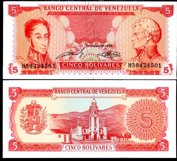 VENEZUELA 5 BOLIVARES 1989 P 70 UNC