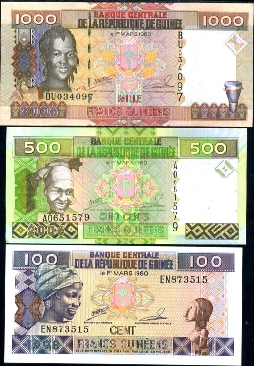 GUINEA SET 3 PCS 100 500 1000 FRANCS 1998 2006 UNC