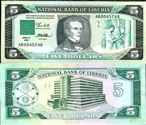 LIBERIA 5 DOLLARS 1989 P 19 UNC